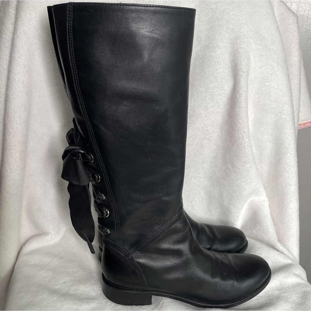 Valentino Ascot Leather‎ Ribbon Riding Black Bow Boots Size 37.5